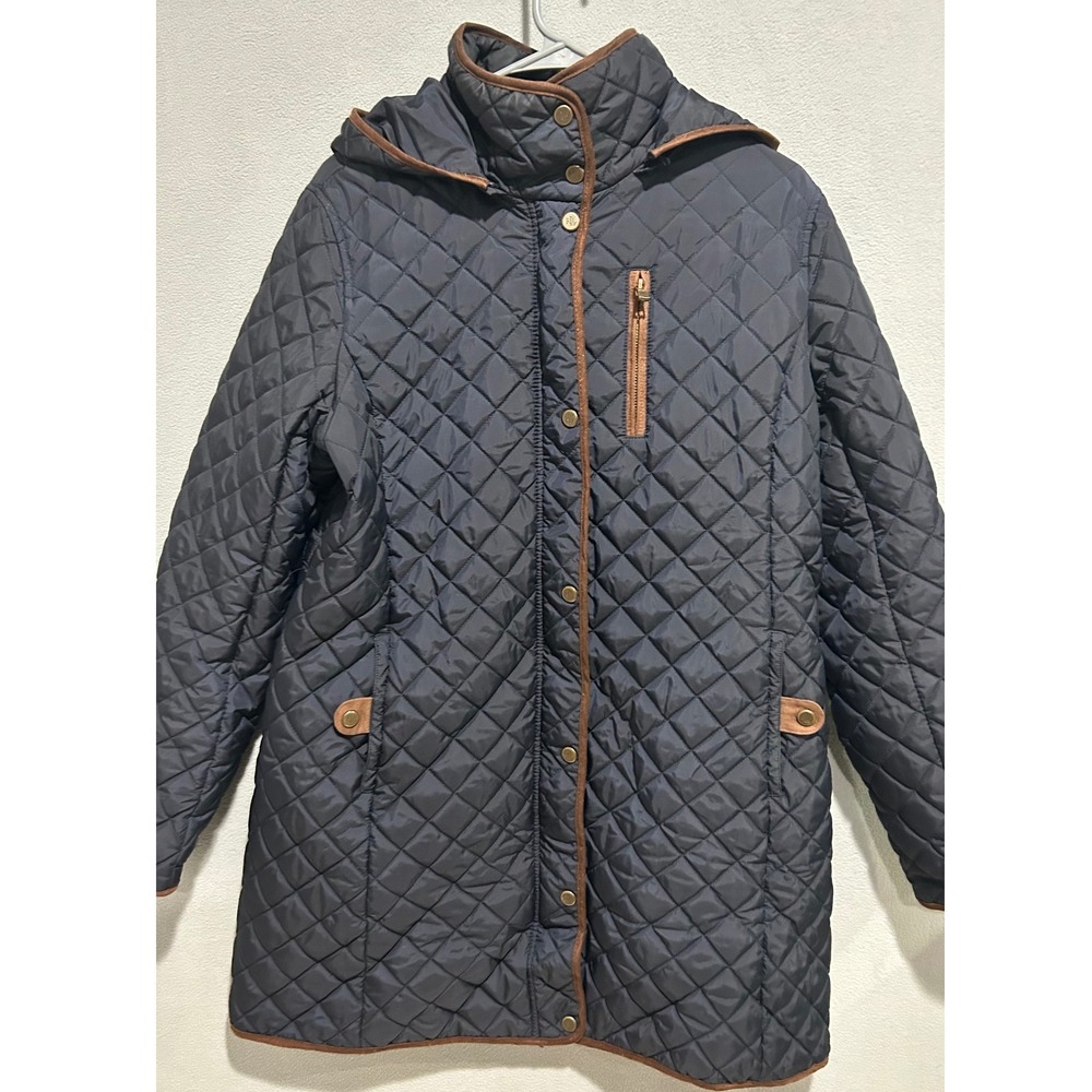 Lauren Ralph Lauren Quilted Jacket Women Large Navy Blue Faux Suede Trim Hooded